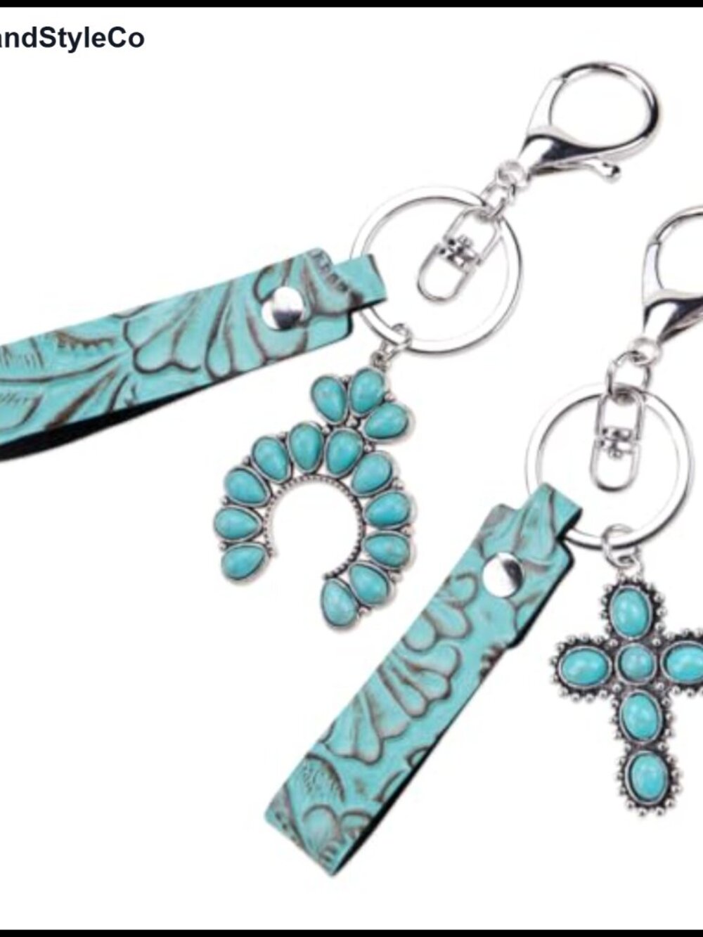 Faux Leather Embossed Keychain Wristlet Set Turquoise Western Bag Charm